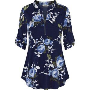 Womens Navy Blue Floral 3/4 Sleeve Shirts Zip Up V Neck Work Chiffon Blouses Top